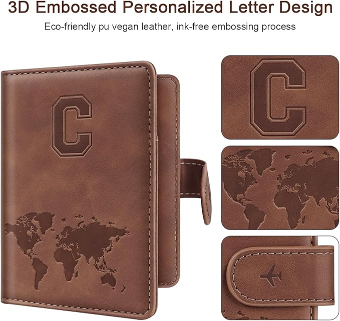 Passport Holder Wallet Cover Personalized Letter A-Z Travel Wallet RFID Blocking Passport Cover Wallet Case for Travel Passport Book Holders for Women and Men, Brown-C