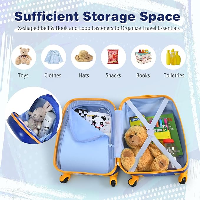 BABY JOY 2 Pieces Kids Luggage Set, 16" Toddlers Carry-on Suitcase & 12” Backpack Set, Children Travelling Case w/ 4 Casters & Retractable Handle, Lightweight Trolley Case for Boys & Girls (Astronaut)