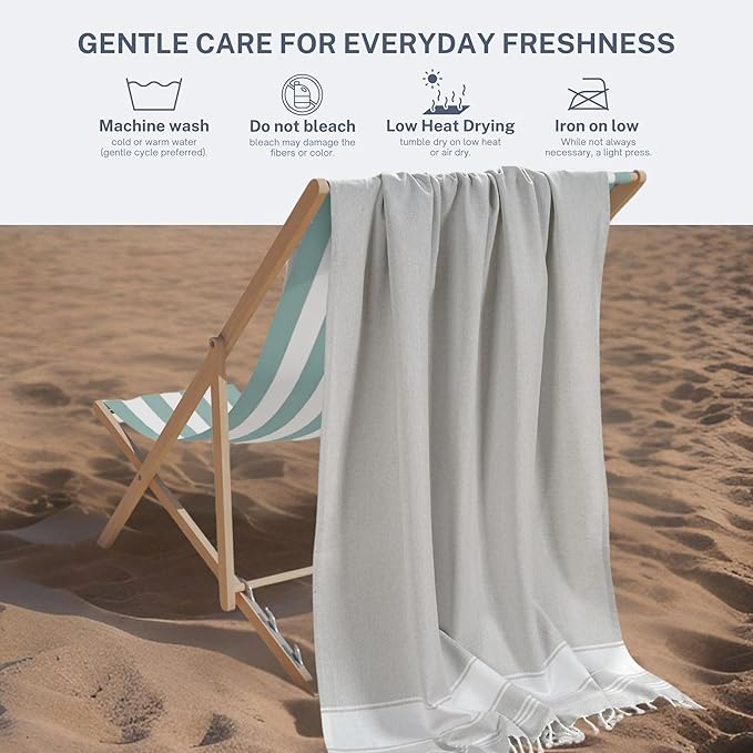 Cotton Turkish Beach Towel with Towels Oversized 36"x72" Pool Absorbent Extra Large Quick Dry Sand Travel Towel (Light Grey, 2 Pack)