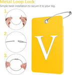 Gostwo 2 Pack Luggage Tags for Suitcases, 26 Initial Letter Travel Luggage Baggage Identification Labels ID Tag Fully Bendable Tags with Stainless Steel Loop (Yellow) (Letter V)