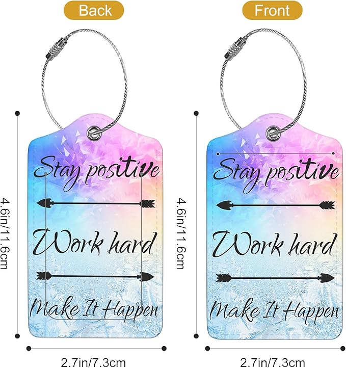 2Pack Luggage Tags for Suitcases, Cute Unique Pu Leather Cruise Luggage Tag with Privacy Cover ID Label Address Card and Metal Ring Suitable for Women Men Kids Travel Bag Stay Positive