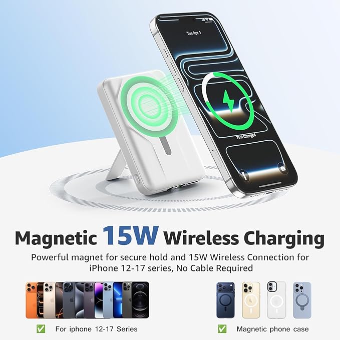 Azmuth Magnetic Wireless Power Bank 10000mAh, 15W Portable Charger Compatible with MagSafe for iPhone 17/16/15/14/13/12 Series Built-in Stand LED Display 20W PD USB-C 22.5W USB-A White