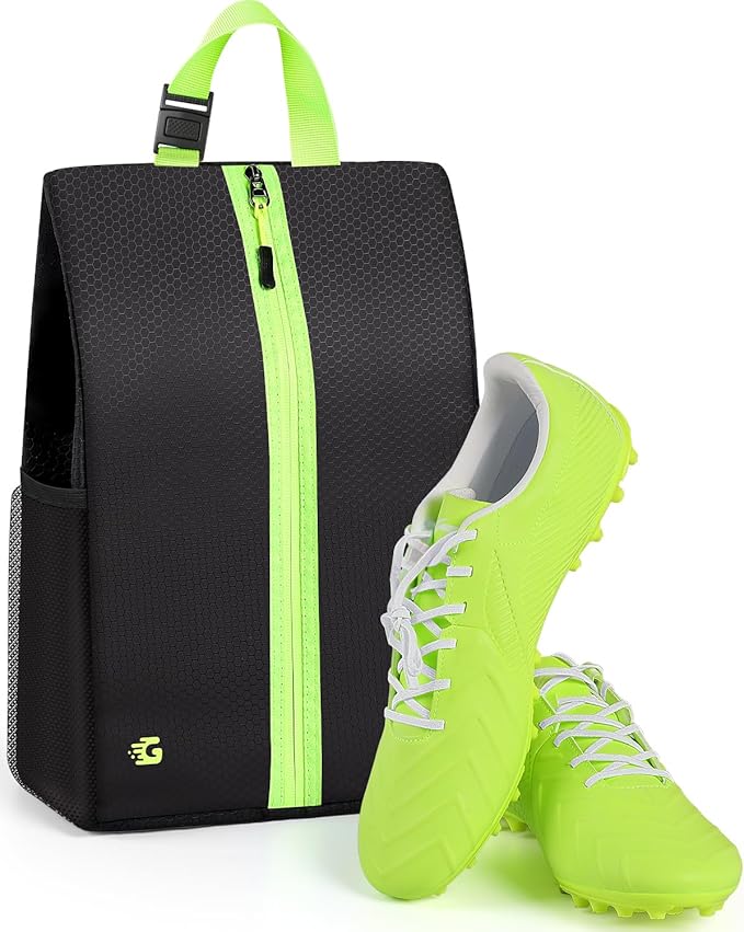 GLORIEROO Smell Proof Shoe Bags for Travel-Soccer Cleat Bag Smell Proof with Active Carbon Fabric | Odor-Absorbing Water-Resistant Track Shoe bags for Sports (Black with Green, UP TO US11)