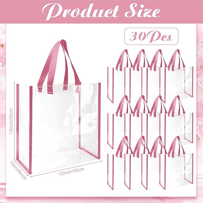 Eccliy 30 Pack 12x12x6 Inch Clear Tote Bag Stadium Approved Bulk Plastic Beach Tote Gift Bag with Handle for Gym Sports | 30 Pack, 12x12x6 Inch, Stadium Approved, Bulk, with Handle, Tote Gift Bag