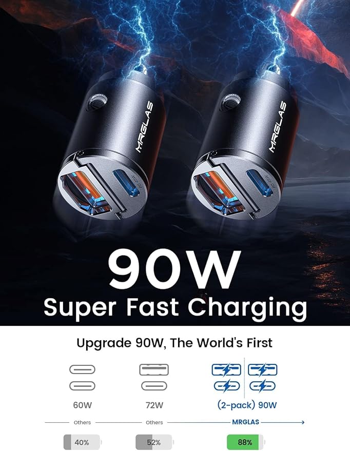 MRGLAS 2-Pack 90W USB C Car Charger,[Super Mini Metal] Car Charger Fast Charging Adapter PD+QC3.0 Dual Port Type C Car Cigarette Lighter USB Compatible iPhone 17 16 15 Pro Max iPad Samsung S26 25