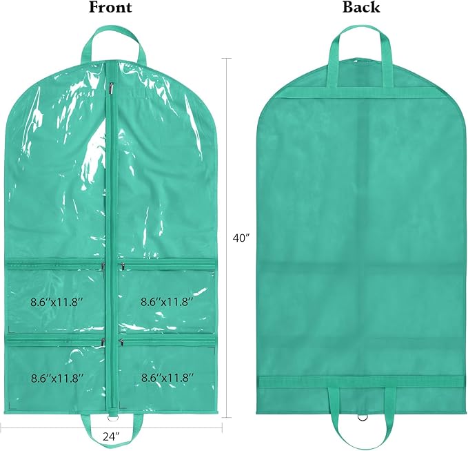KEEGH CLear Garment Bags for Dance Costumes 40 inch Dance Garment Bags for Dancers Hanging Clothes for Closet Storage, with 4 Zipper Pockets for Dance Competitions, Ballet, Theatre, 2 Pack, Green
