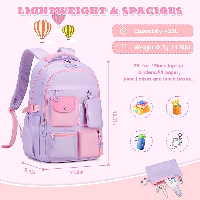 Kids Backpack, Backpack for Girls for Elementary School Multiple Pockets Ages 6-10(Purple)