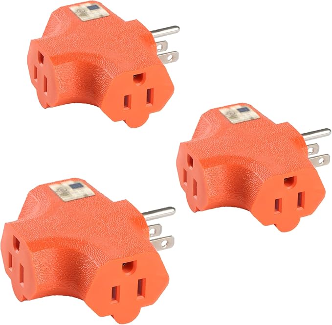 3 Outlet Adapter 3 Way Outlet Splitter - 3 T-Shaped Adapter Outdoor Power Splitter Grounded Wall Tap Adapter Heavy Duty (3, Orange), Lighting Apparatus