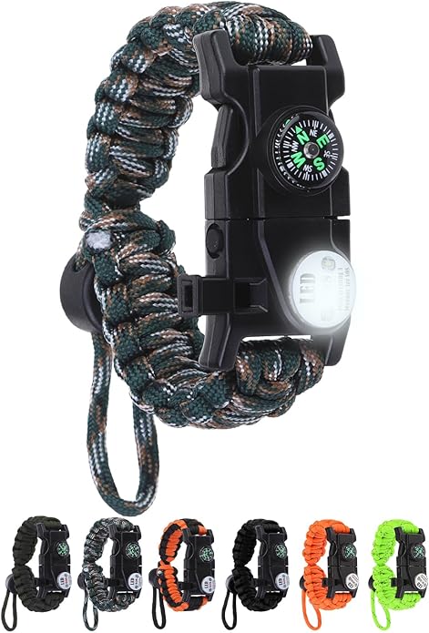 Survival Bracelets, Paracord Bracelets (2 pcs) with Loud Whistle Light Flint, Adjustable Compass Bracelet for Outdoor Camping Hiking Fishing Hunting, Multitools Tactical Gear, Bearable 300 lb
