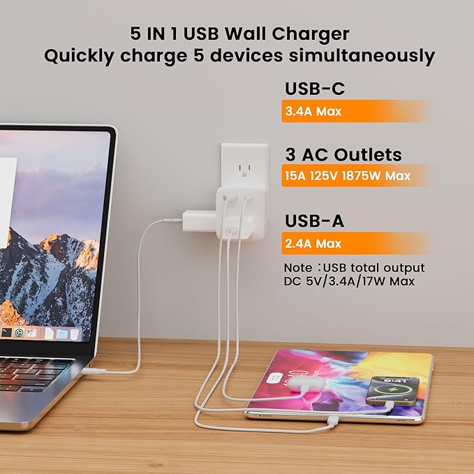 Multi Plug Outlet Extender with USB Cable(3.3FT USB A to C Cord, 3.3FT USB C to C Cord), 3-Sided Power Strip with Lip, Small Wall Tap Plug Splitter for Cruise Dorm Essentials Home Office, ETL Listed