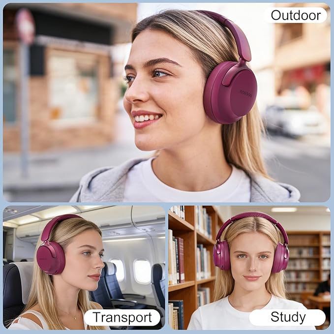 B8 Bluetooth Headphones Over Ear, 6 EQ Music Modes and 50H Playtime Deep Bass Wireless Headphones with Mic, Lightweight Folding HiFi Stereo Headset for iPad/Travel/Tablet/PC/Home Red