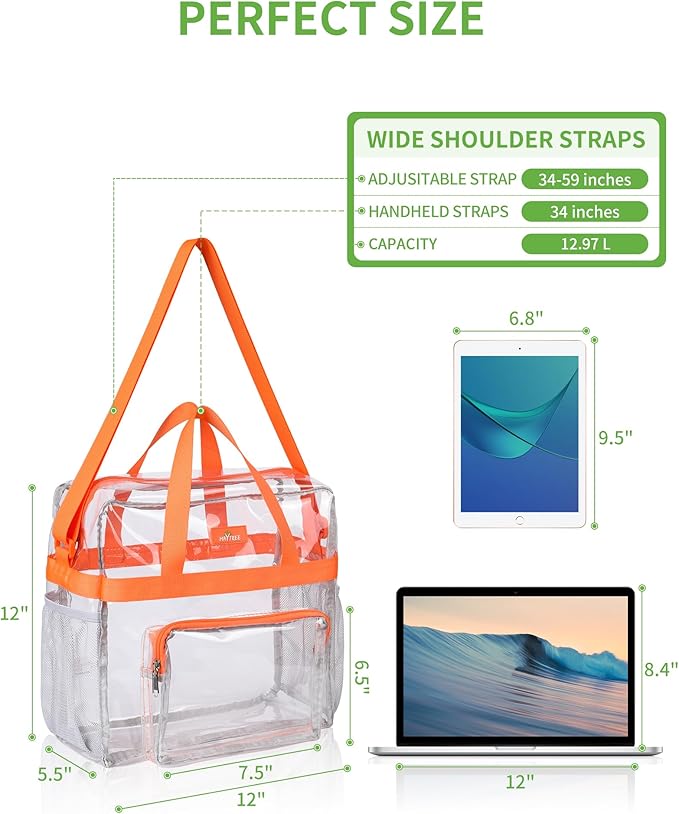 MAY TREE Clear Bag for Stadium Events 12×6×12 Clear Tote Lunch Bag with Reinforced Straps for Work, Sporting Events and Gym, Orange