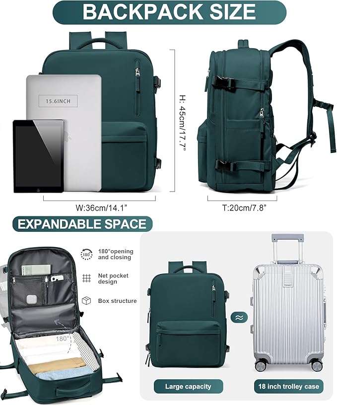 WONHOX Large Travel Backpack Women,Carry On Backpack Flight Approved 18x14x8 inches Bag Spirit Airlines Personal ltem,College Sports Hiking Rucksack Laptop Blackpack mochila de viaje,PeacockBlue