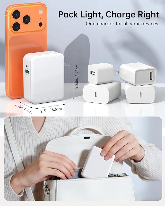 Retractable USB Charger Wall Plug with Type C Cables Cords,40W Fast Charging Foldable Block Multi Charger,4-in-1 Travel Essentials Brick Multiport for iPhone 17/16/15/14/13/12,iPad,Galaxy,LG,Pixel
