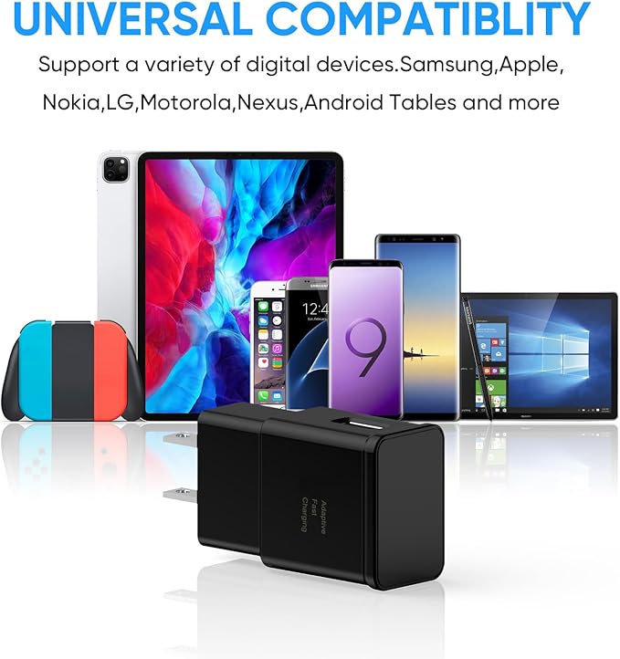 Adaptive Fast Charging Block USB Wall Charger Adapter Fits Samsung Galaxy S25/S24/S23/S22/S22 Ultra/S21/S20/S10/S9/S8/S7/Edge/Note 10 Quick Charge (Black, 4 Pack)