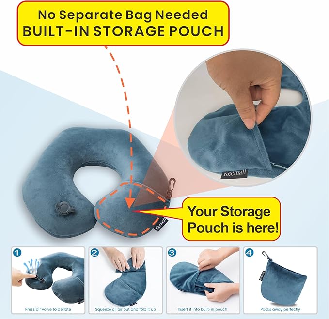 Keemall 2Pack Inflatable Travel Neck Pillow for Airplane Train Car Washable Pillowcase U Shaped Office Napping Pillow