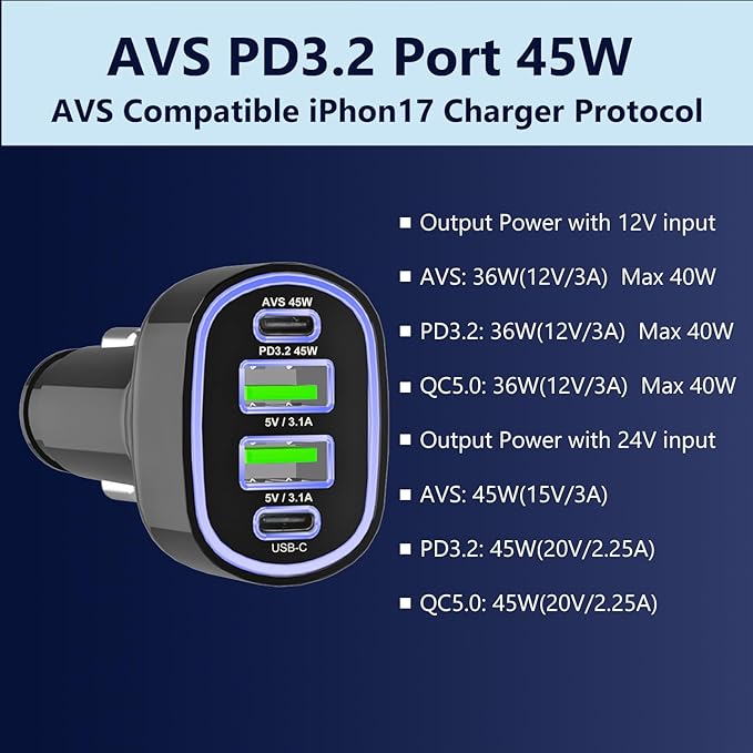 2Pack USB C Car Charger Adapter, AVS PD 3.2 QC 5.0 USB Charger, Multi Port Cigarette Lighter Car Phone Charger Compatible with MacBook iPhone 17 16 15 Pro Max iPad, Galaxy S26 25 24 Ultra.