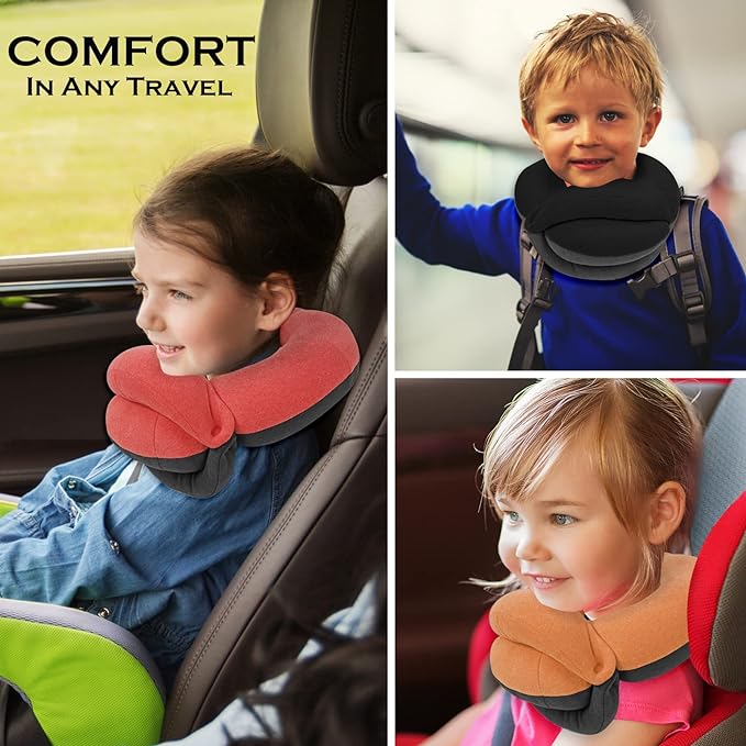 BUYUE Kids Travel Pillows for Airplane, Memory Foam 360° Head Support Sleeping Essentials for Long Flight, Skin-Friendly Soft Neck Pillow for Traveling in Car Seat, (Small, Black Grey, 40-90 lbs)