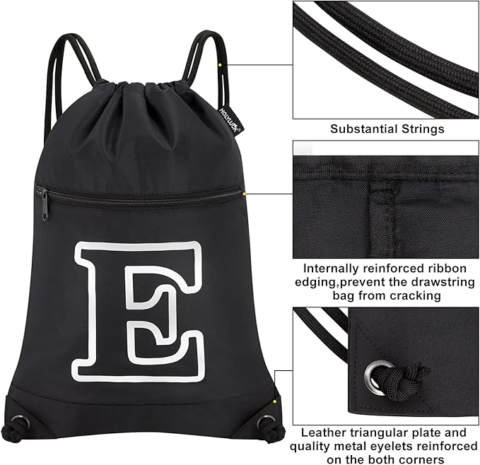 HOLYLUCK Drawstring Bags Initial Backpack Sackpack Cinch Bags for Sports, Gym, Travel, Beach (Black-E)