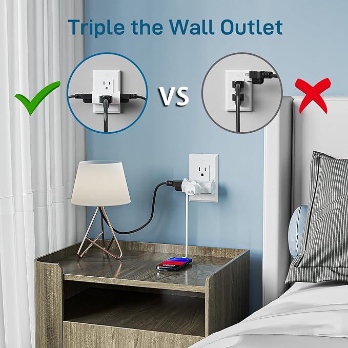 K KASONIC - 3-Outlet Grounding Adapter, [UL Listed] Plug Extender, Heavy-Duty Grounded Power Tap - 3 Pack (White)
