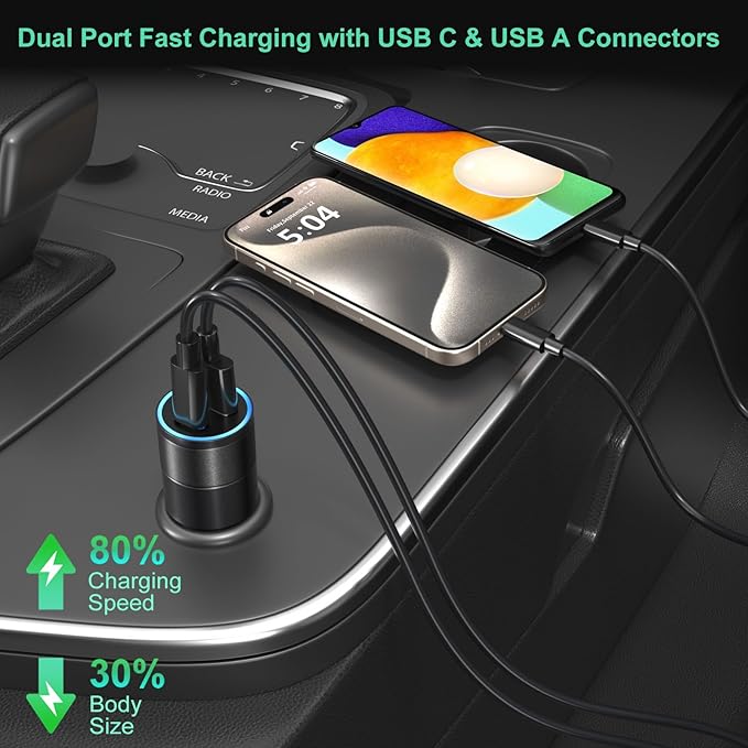 Car Charger USB C, 2 Pack 36W Dual Ports USB-A & USB-C Car Charger Adapter QC/PD 3.0 Fast Charging Cigarette Lighter Phone Plug for iPhone 17 16e 15 Pro Max Galaxy Pixel Android Cargador para Carro