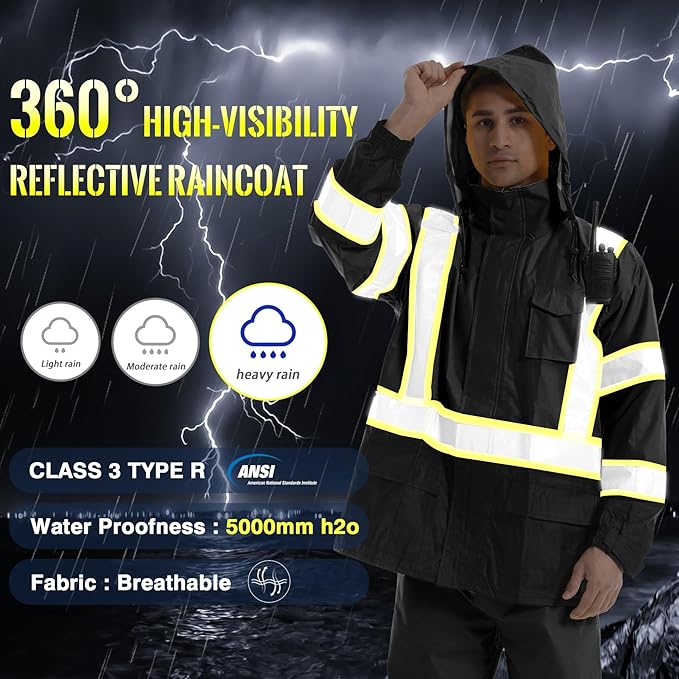 SKSAFETY Hi Vis Safety Rain Jacket for Men, Construction Work Rain Gear Heavy Duty Class 3 Rain Coat Waterproof Lightweight