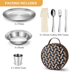 Odoland Stainless Steel Camping Mess Kit for Family & Person, Cooking Tableware Utensils with Plates Bowls Forks Spoons Knives & Savings Bag for Camping, Backpacking, Hiking, Picnic