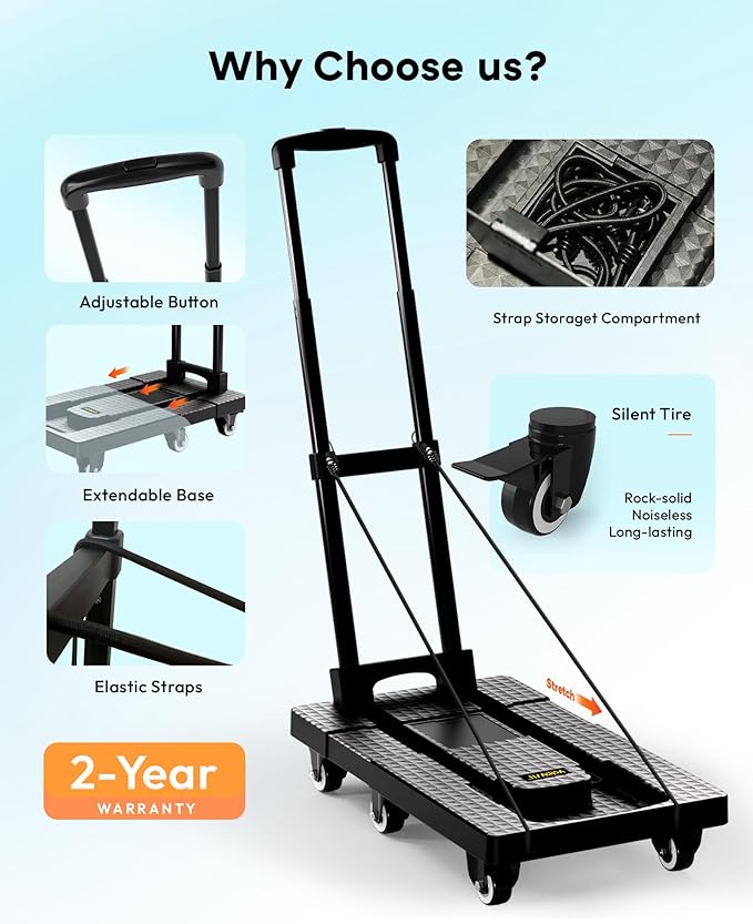 Voipvvii Folding Hand Truck 500lbs, Portable Heavy Duty Dolly Cart, 6 Wheels Collapsible Luggage Cart with 2 Elastic Ropes - Compact Trolley Cart for Easy Moving - Ideal Hand Cart for Travel and More