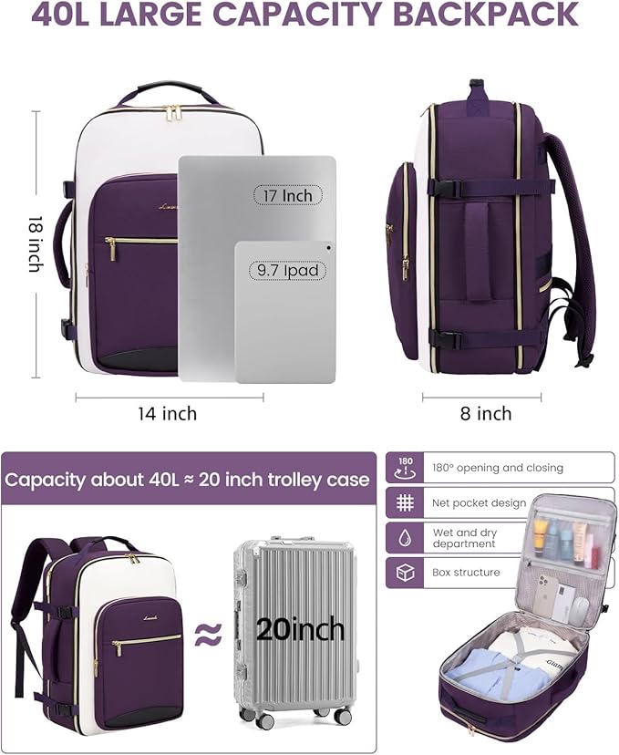 LOVEVOOK 40L Travel Backpack for Women & Men, Airline Approved Carry On Luggage with 3 Packing Cubes, TSA Overnight Bags, Waterproof Personal Item Bag, Weekender Essentials Backpacks fits 17" Laptop