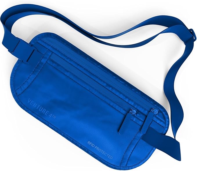 VENTURE 4TH Money Belt for Travel – Slim Hidden Under-Clothes RFID Blocking Anti-Theft Passport Holder & Travel Wallet Pouch for Men & Women to Protect Cash, Cards & Documents (Sleek Blue)