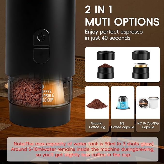 Portable Espresso Maker, 20Bar Pressure & Up to 60 Cups per Charge, Battery Operated Portable Coffee Maker, Works with Ground Coffee & Capsules, for Camping, Car, Travel, and Office Use.