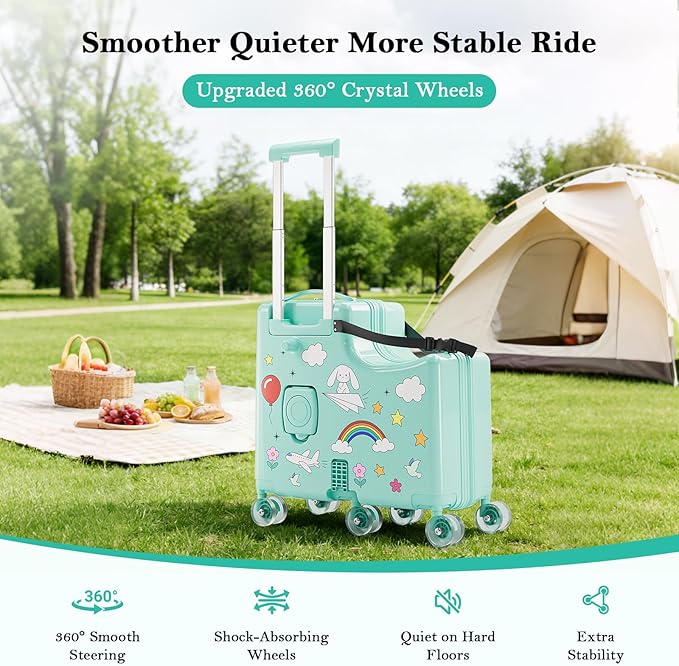Ride-On Suitcase for Kids Carry On Luggage, Hard Shell Kids Travel Suitcase with 6 Spinner Wheels, TSA Lock, Safety Belt, Foldable Pedal & Cup Holder, Kids Riding Luggage, Green