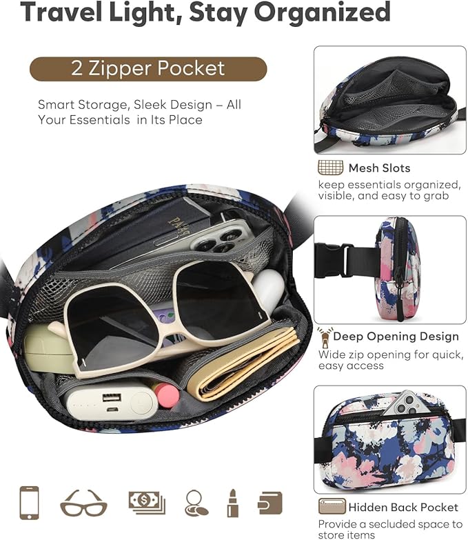 Pritent Fanny Packs for Women Cross Body Bag Waterproof Belt Bag with Adjustable Strap and Zipper Back Pocket Small Crossbody Bags Fashion Waist Packs for Workout Travelling(Watercolor Print)