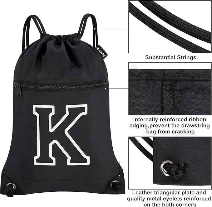 HOLYLUCK Drawstring Bags Initial Backpack Sackpack Cinch Bags for Sports, Gym, Travel, Beach(Black-K)