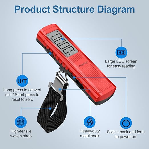 Battery-Free Digital Luggage Scale, 110lbs/50kg Portable Handheld Hanging Scale for Luggages, Suitcases, Backpacks & Bags, Easy Weighing for Travel, No Need Batteries (Red)