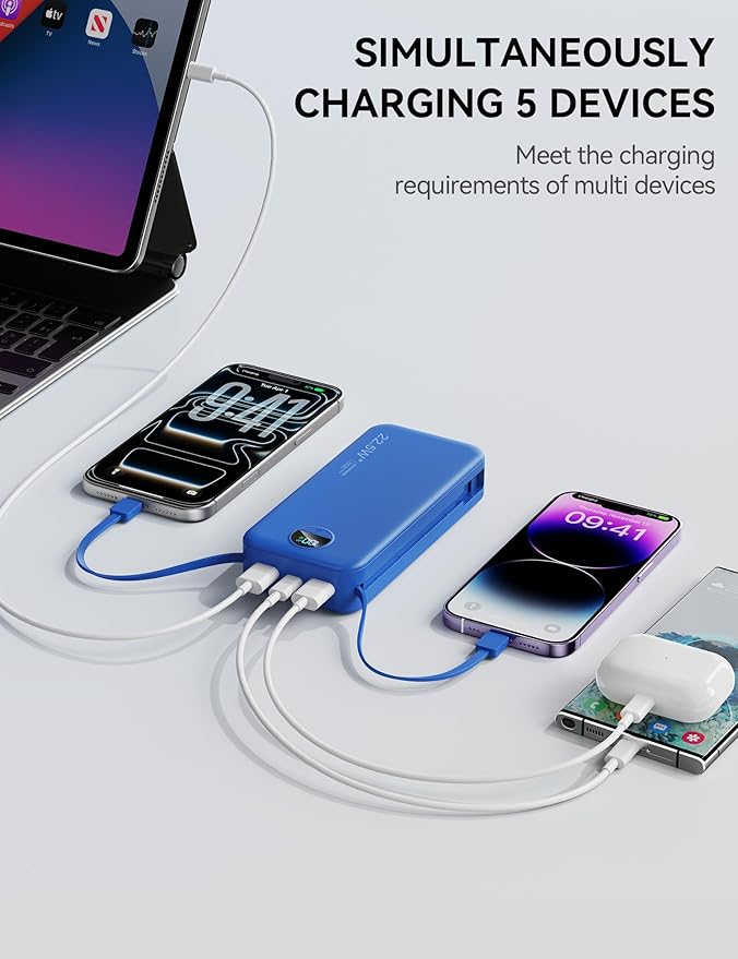 Portable Charger, 20000mAh 22.5W Fast Charging Power Bank with Built-in Cables & Wall Plug, USB C External Battery Pack with LED Display, Travel Essentials Phone Charger for iPhone iPad Samsung Navy