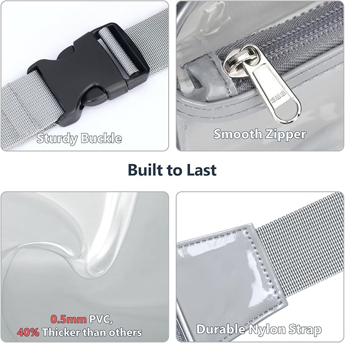 Packism Clear Fanny Pack Stadium Approved - Plus Size 35-51 inches Adjustable Strap Clear Belt Bag for Women Men Transparent Waist Bag for Concerts, Sporting Events, Grey