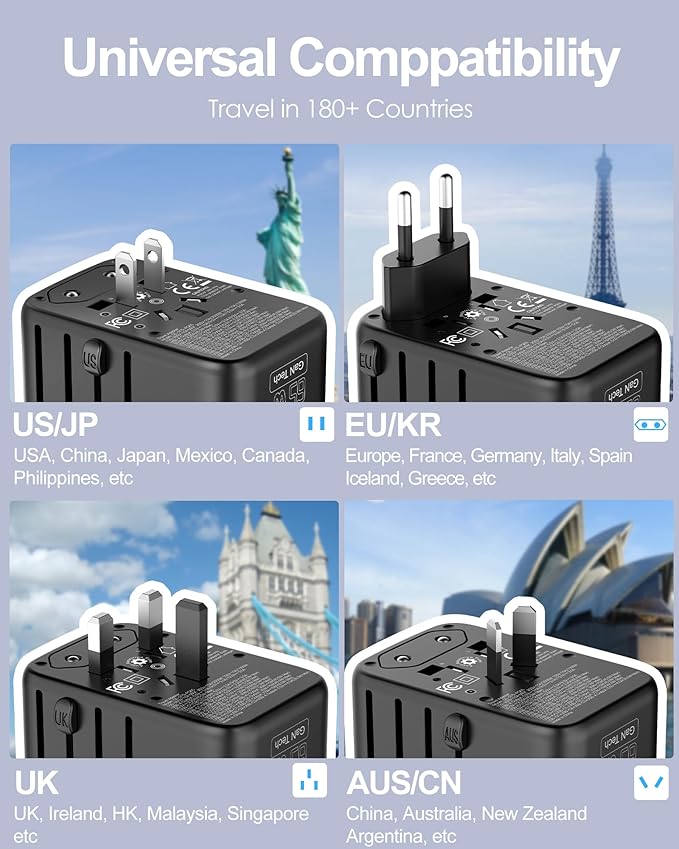 Universal Travel Adapter GaN 65W Fast Charger, 3 USB-C (Each 65W) & 1 USB-A (PD 45W), 2500W AC Outlet, International Power Adapter for Europe, UK, US, Australia, Worldwide Travel Plug Adapter