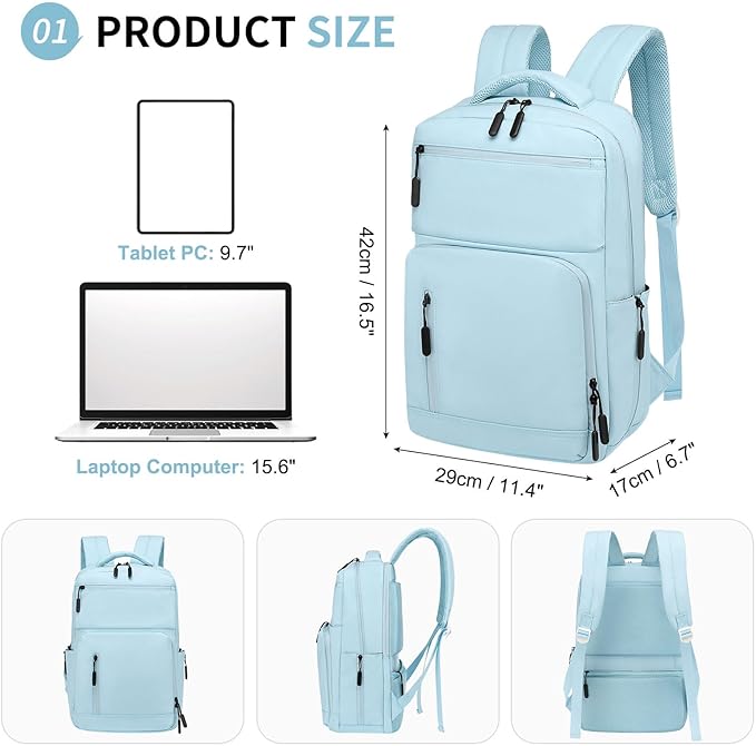 Waterproof Laptop Backpack for Men & Women, Flight Approved Anti-Theft Daypack with 15.6-inch Laptop Sleeve (Light Blue)