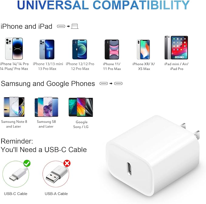 10FT iPhone 14 13 12 Charger Fast Charging 20W PD USB C Wall Charger with 10FT Fast Charging Cable Compatible iPhone 14/13/12/11/Pro/Pro Max/Mini/Xs Max/XR/X, iPad