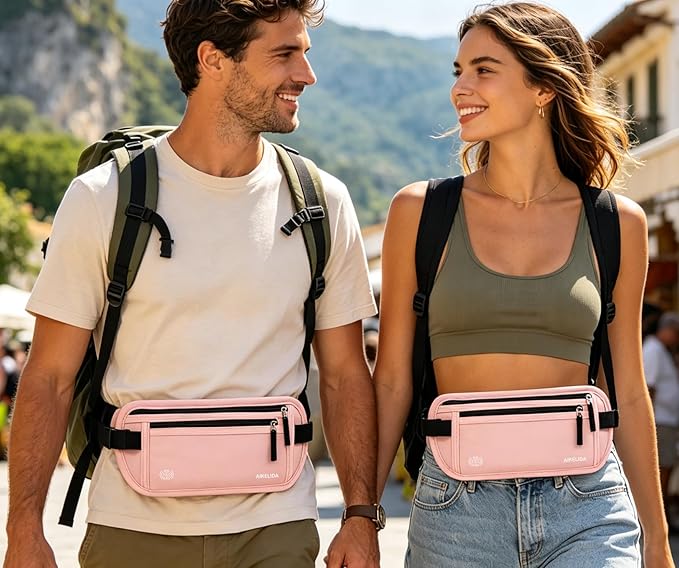 Money Belt - Slim Passport Holder RFID Blocking Travel Wallet Undercover Fanny Packs for Men Women - Pink
