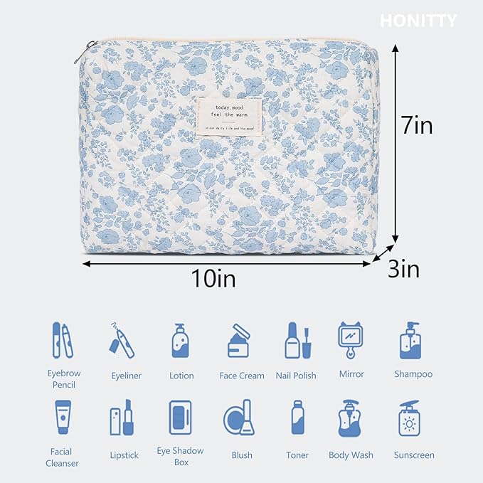 honitty Makeup Pouch,Quilted Cosmetic Bags,Large Floral Make Up Organizer for Women