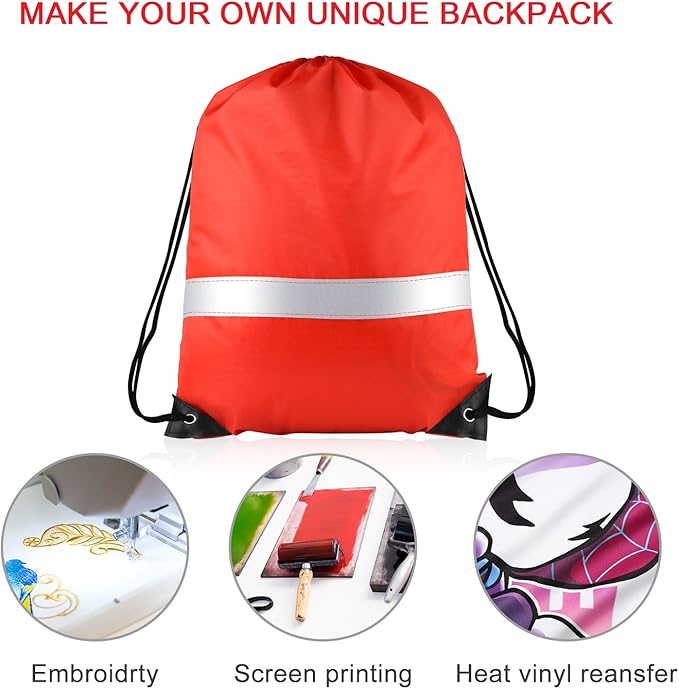 KUUQA 12 Pcs Red Drawstring Backpacks with Reflective Strips - Polyester, 15.7" x 13.4", Ideal for Yoga, Sport, Travel