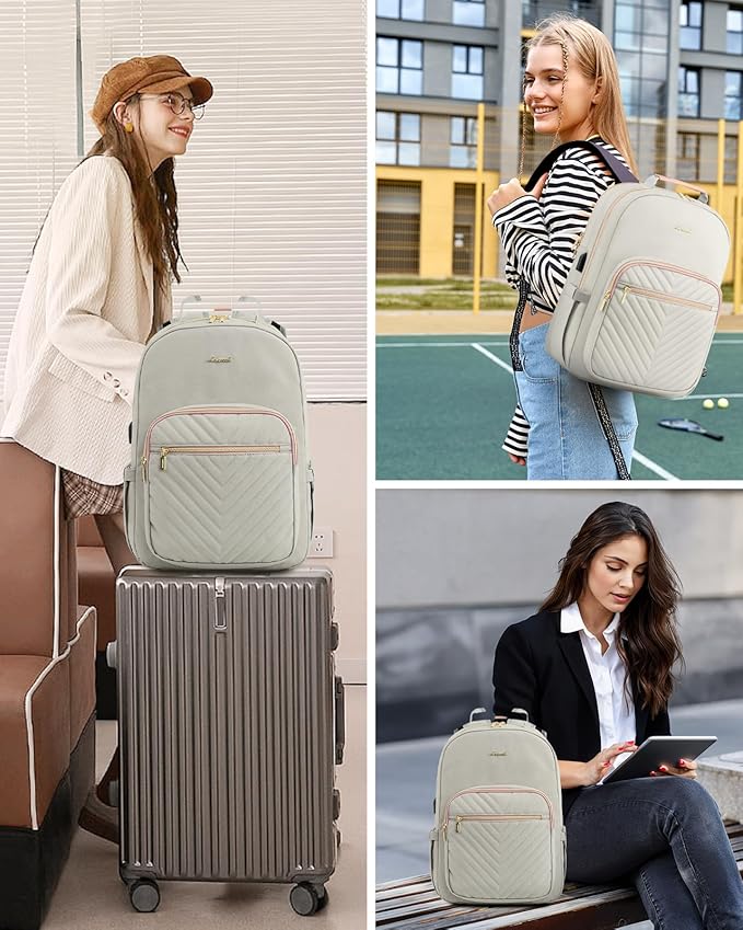 LOVEVOOK Laptop Backpack for Women, Travel Computer Work Bags with 17-inch Laptop Compartment, College School Student Bag Teen Backpacks For Girls, Outdoor Carry On Backpack Purse, Grey Pink