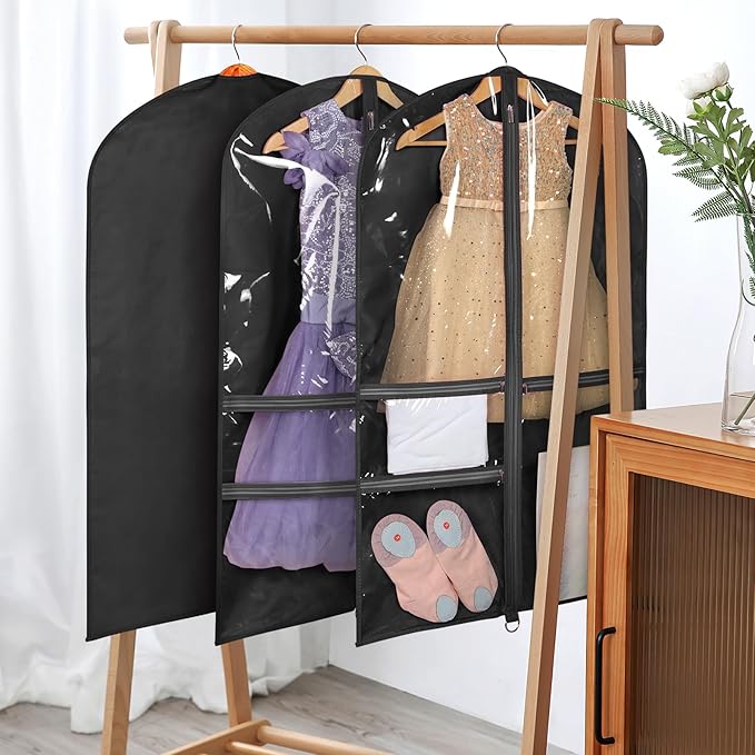 Univivi Dance Costume Bags Garment Bag 40 Inch Hanging Clothes for Dance Competitions, with 3 Medium Clear Zipper Pockets for Dance Costumes, Closet Storage (Black, 2 Pack)