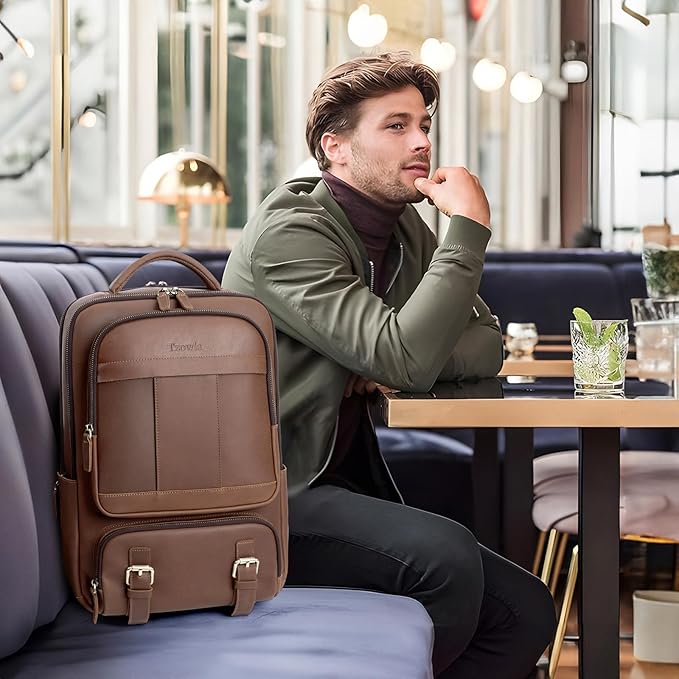 Tzowla Leather Laptop Backpack, Bag for Men and Women,Business Travel Work Rucksack Fits 15.6 Inch Laptop, Vintage Bookbag