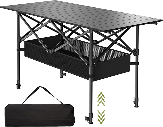4FT Folding Camping Table,Portable Roll-up Picnic Table with Carry Bag & Mesh Storage,Lightweight Camp Table for Camping,Picnic,Backyard,Party,Patio,BBQ