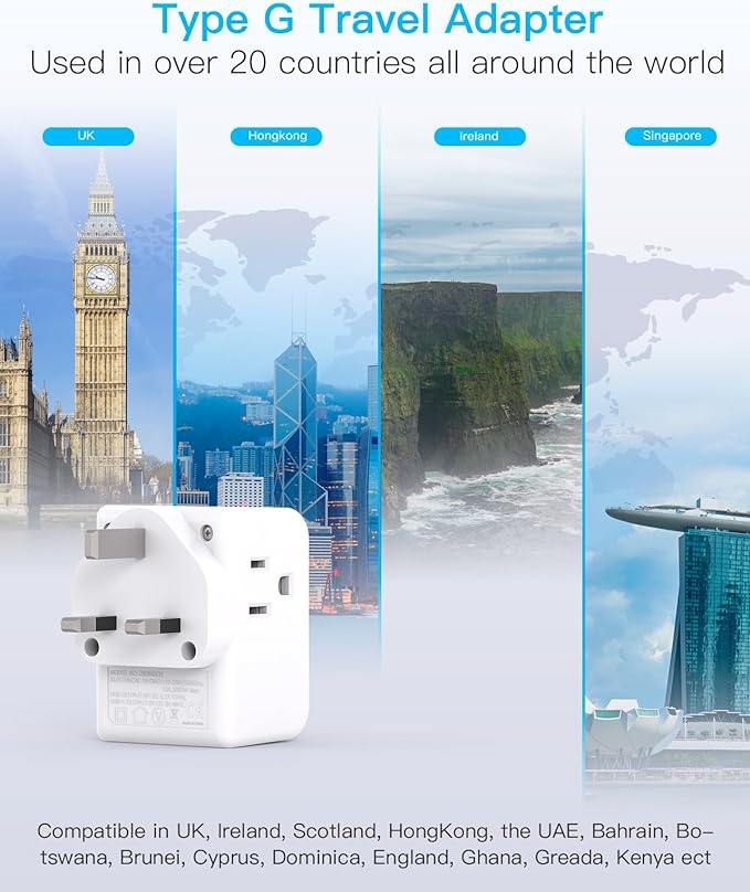 2 Pack US to UK Ireland Travel Plug Adapter, Type G Power Plug Adapter with 3 Outlets 3 USB Ports(2 USB C), European Travel Plug Adapter for USA to England London Scotland British Qatar Irish HongKong