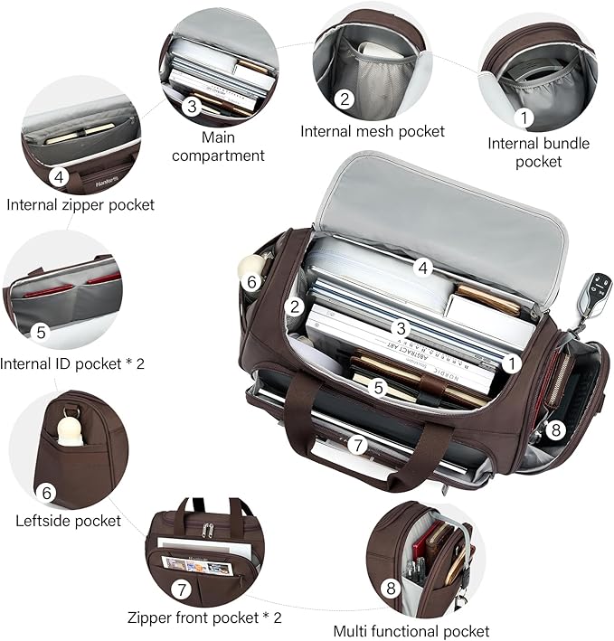 Hanke Small Travel Duffel Bag, Under Seat Carry On Personal Item Bag with 11 Pockets, Lightweight Water Resistant Foldable Weekender Bag with Trolley Sleeve for Travel Gym Daily Use（Coffee）