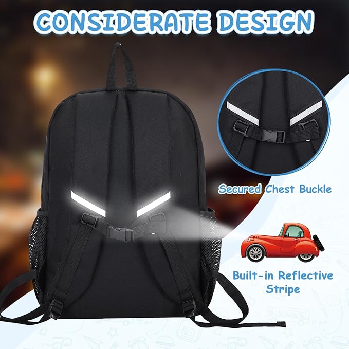 VASCHY Kids Backpack Lunch Bag Set, 2-1 School Bookbag Insulated Lunch Box for Toddlers,Preschool,Daycare,Kindergarten,Elementary School Black